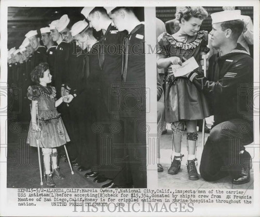 Press Photo Marcia Owens with sailors on the USS Antietam in Alameda, California - Historic Images