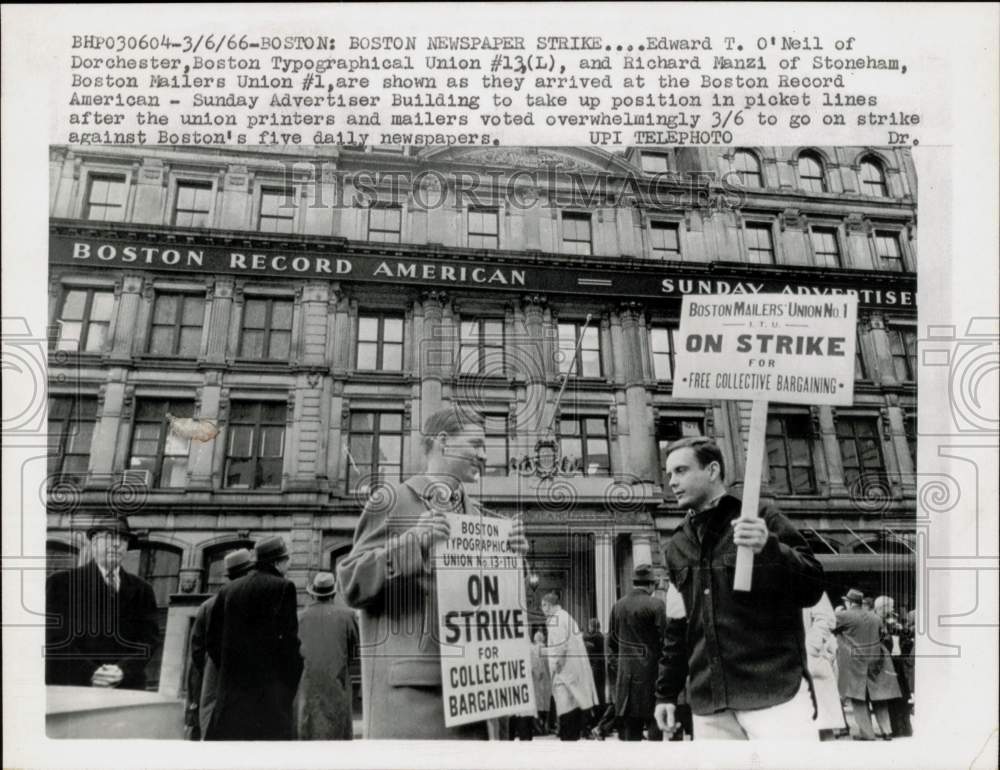 1966 Press Photo Striking Boston newspaper workers Edward O&#39;Neil, Richard Manzi - Historic Images