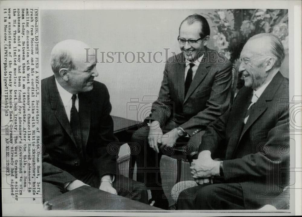 1963 Press Photo Dan Rusk and West German Chancellor Konrad Adenauer in Bonn- Historic Images