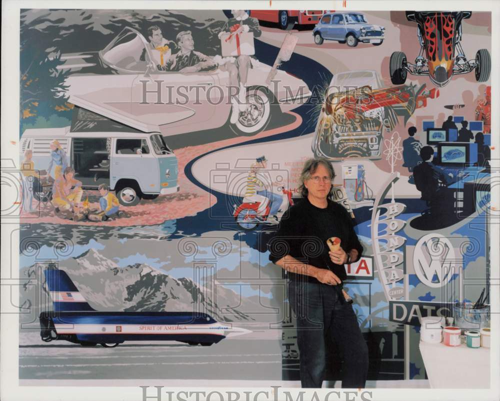 1997 Press Photo Muralist John Gable working on Automotive Hall of Fame mural - Historic Images