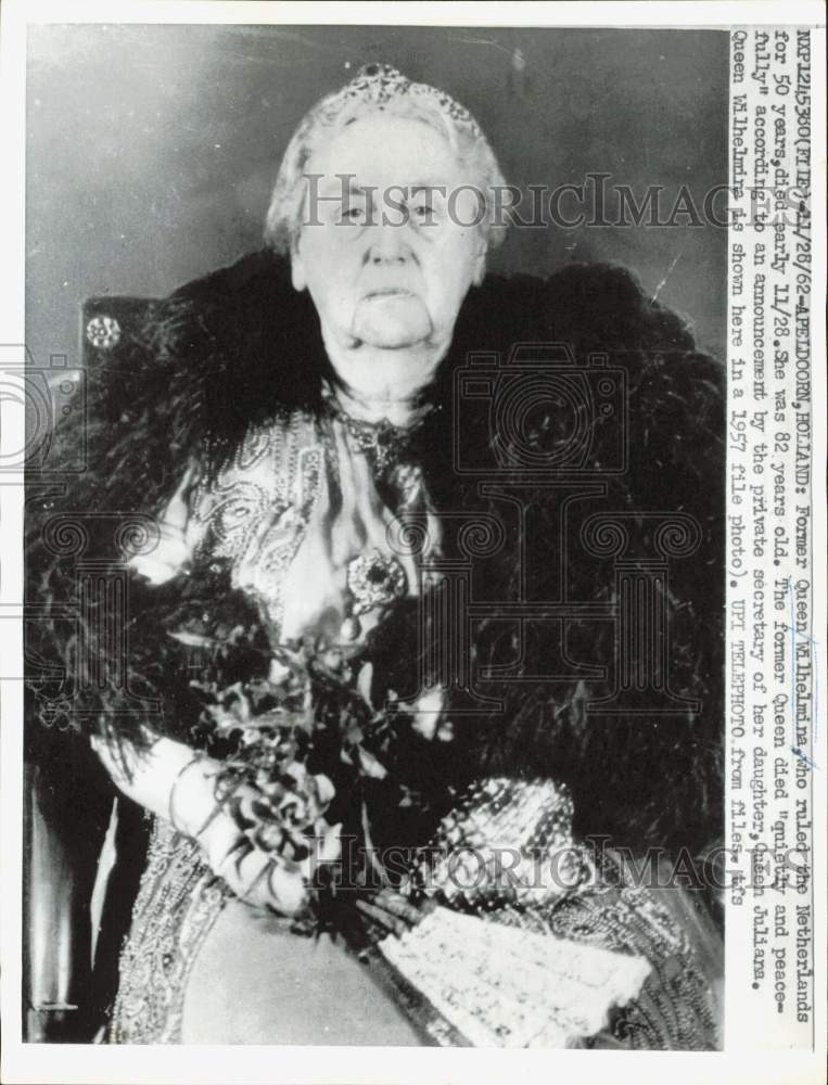 1957 Press Photo Queen Wilhelmina, ruler of the Netherlands for 50 years - Historic Images