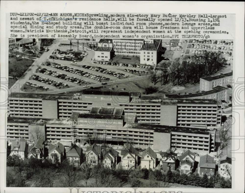 1958 Press Photo Mary Butler Markley Residence Hall at University of Michigan - Historic Images