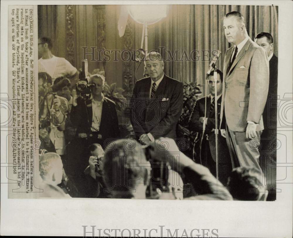 1968 Press Photo Governor Spiro T. Agnew speaks to newsmen in Miami Beach - Historic Images