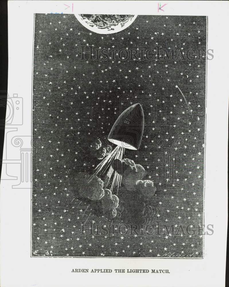1994 Press Photo Woodcut of Space Projectile in "From the Earth to the Moon" - Historic Images