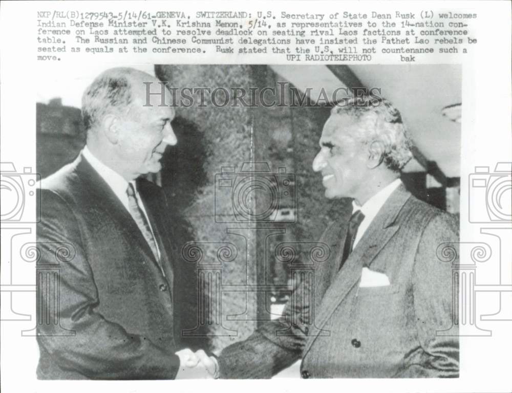 1961 Press Photo Secretary Dean Rusk greets Krishna Menon at Geneva conference - Historic Images