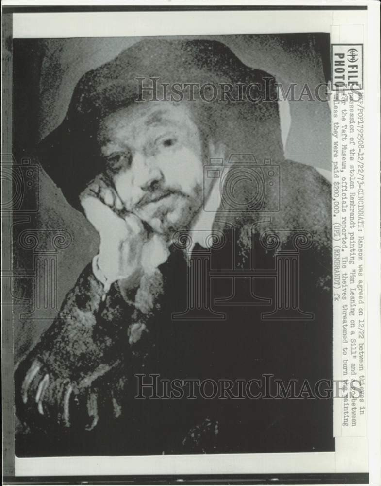 1973 Press Photo Painting &quot;Man Leaning on a Still&quot; by Artist Rembrandt- Historic Images