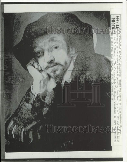 1973 Press Photo Painting "Man Leaning on a Still" by Artist Rembrandt- Historic Images