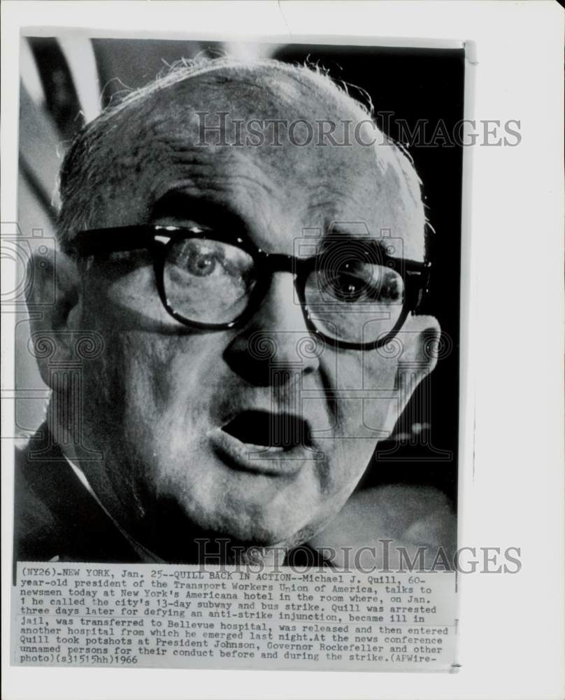 1966 Press Photo Transport Workers Union President Michael J. Quill, New York - Historic Images