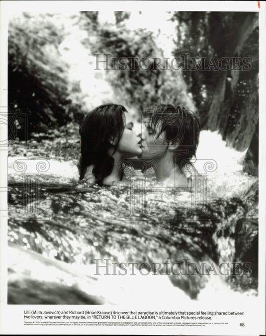 1991 Press Photo Actors Milla Jovovich, Brian Krause In "Return To Blue Lagoon" - Historic Images
