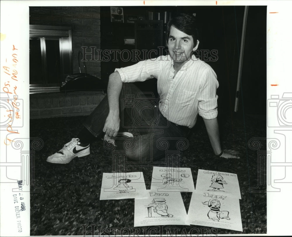 1988 Press Photo Cartoonist Bill Holbrook Displays Artwork - ahta01631 - Historic Images