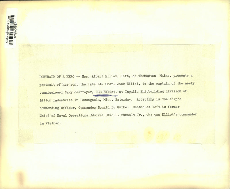 Load image into Gallery viewer, Press Photo Mrs Elliot presents portrait of son to Donald L Gurke in Pascagoula
