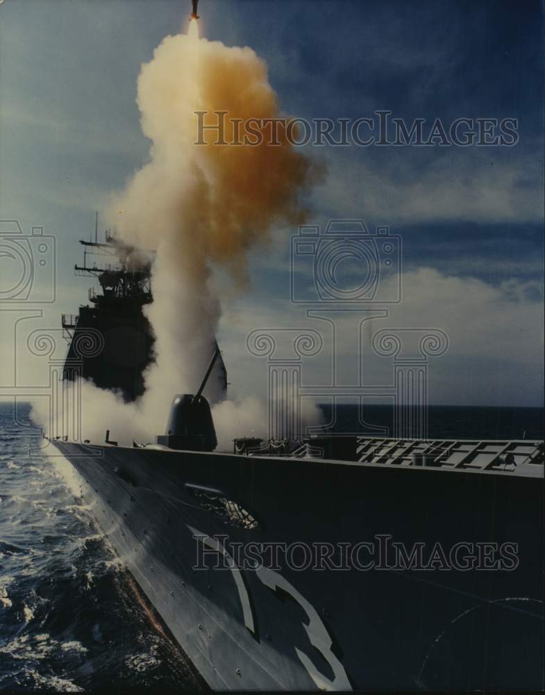 Press Photo USS Port Royal ship launches a missile over the ocean - ampa01225- Historic Images