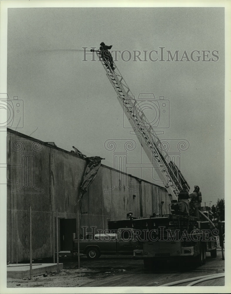 1991 Press Photo Firefighters on truck ladder over building in Alabama - Historic Images