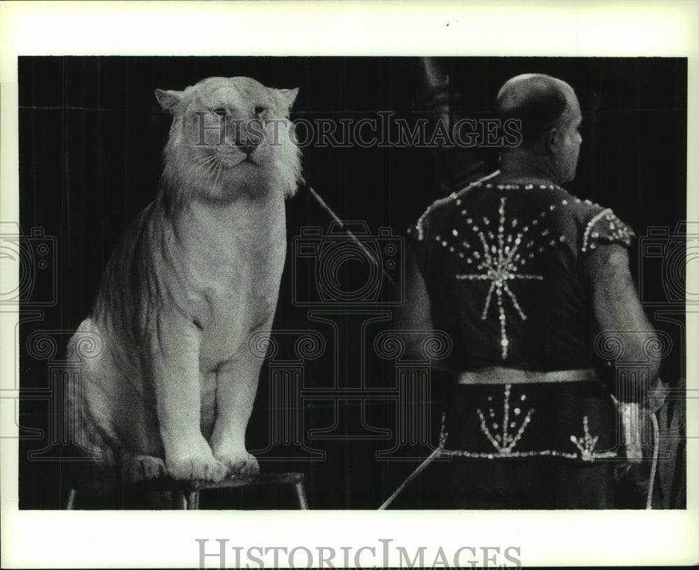 1990 Press Photo Josip Marcan and Liger Perform at Circus, Alabama - amra04732- Historic Images