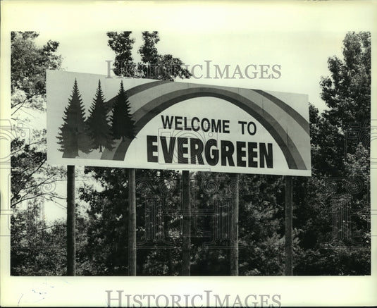 1984 Press Photo Welcome To Evergreen billboard, Alabama - amra08369- Historic Images