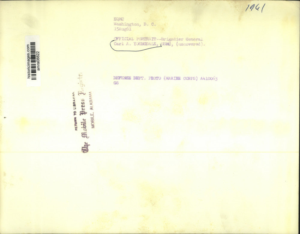 1961 Press Photo Brigadier General Carl Youngdale, US Marines, Washington D.C.