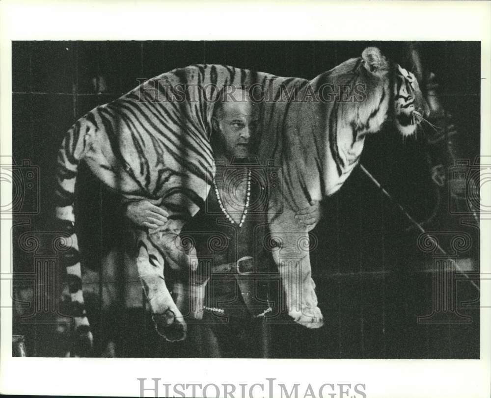 1990 Press Photo Circus performer carrying at tiger, Alabama - amra09534- Historic Images