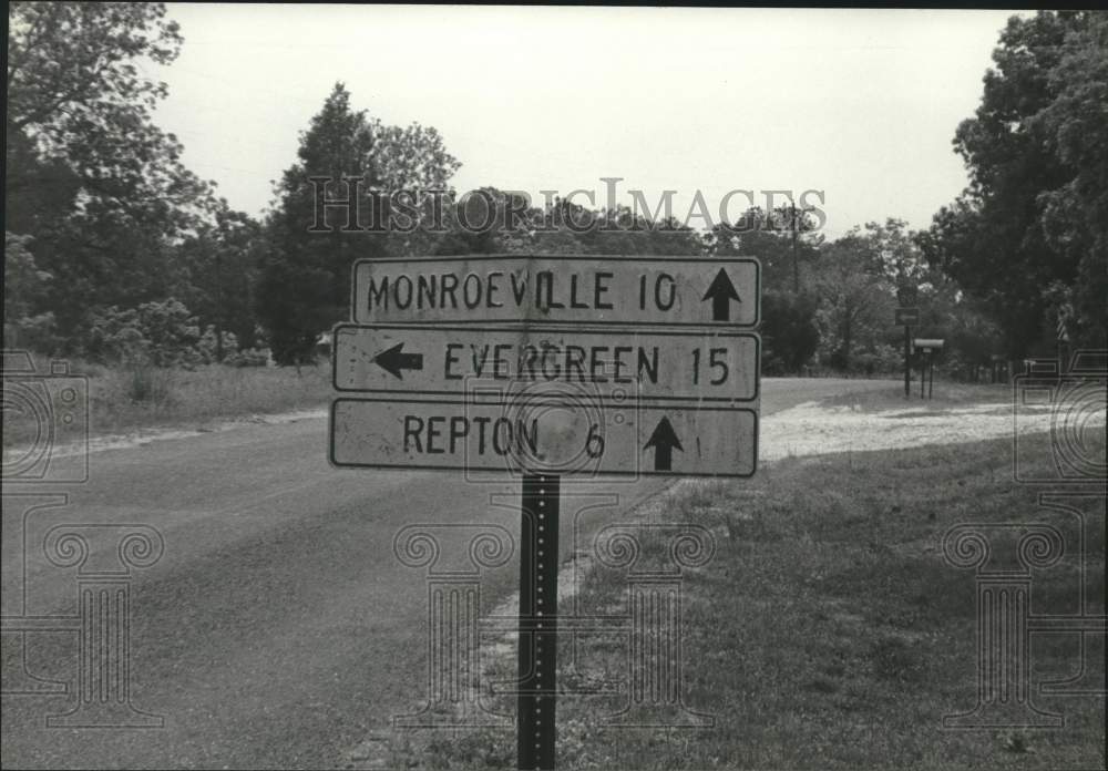 1987 Press Photo Road Sign to Bermuda, Alabama - amra09661- Historic Images