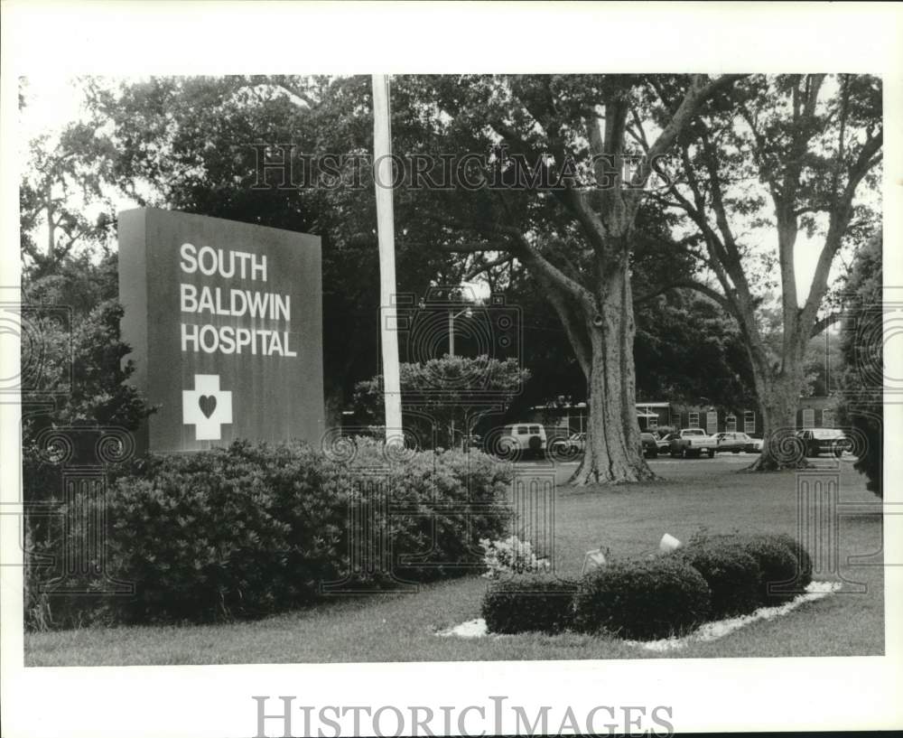 1991 Press Photo South Baldwin Hospital sign, Alabama - amra10594- Historic Images
