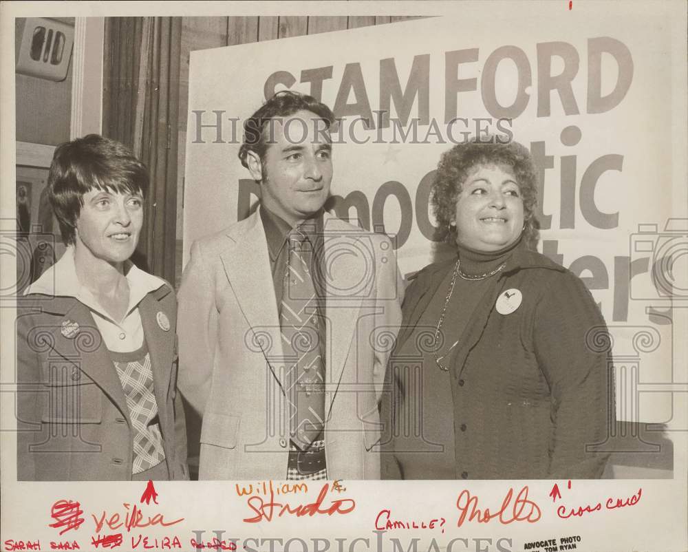 1976 Press Photo Sarah Veira, William E. Strida and Camille Molto in Stamford- Historic Images