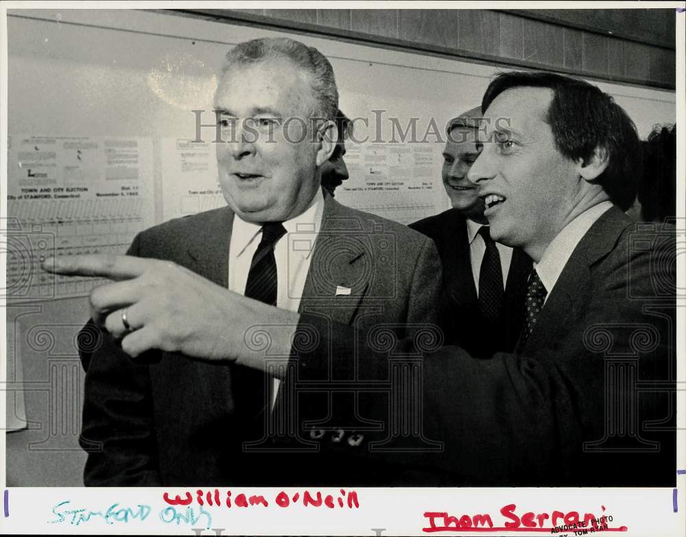 1985 Press Photo Governor William O&#39;Neill endorsing Mayor Thom Serrani, Stamford- Historic Images