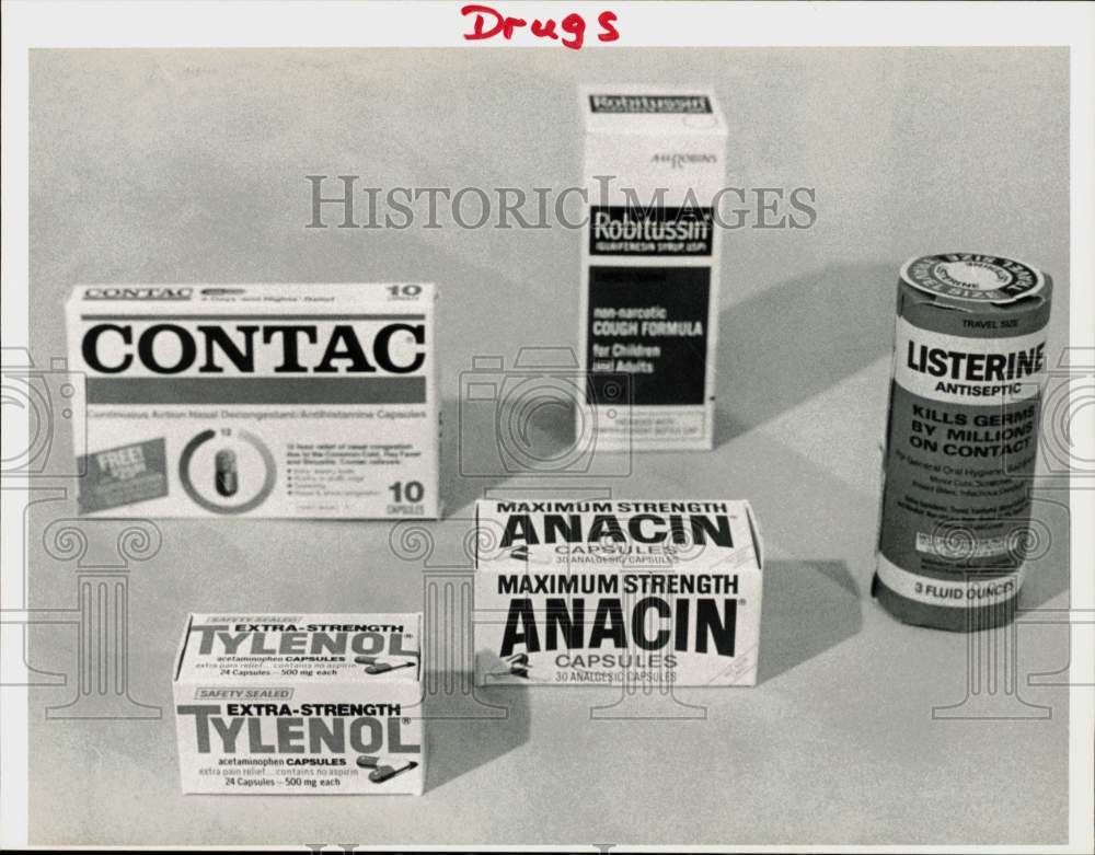 1986 Press Photo Contac, Tylenol, Anacin, Robitussin, Listerine Medication- Historic Images