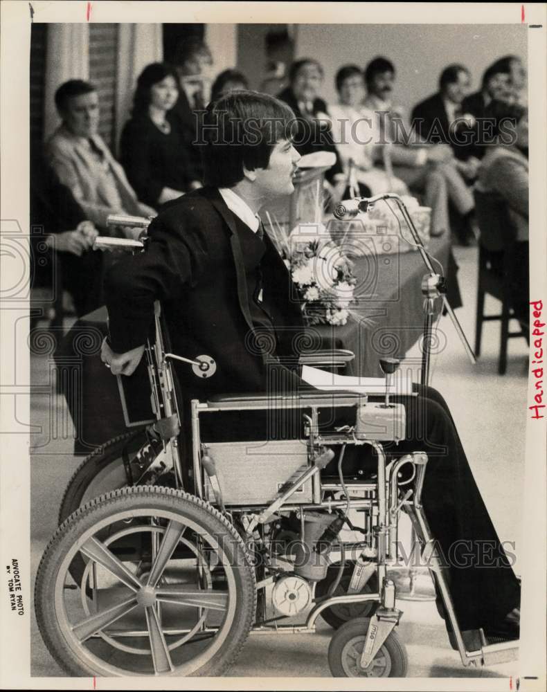 1983 Press Photo Michael Mulgano gives speech at Easter Seals Rehab Center- Historic Images