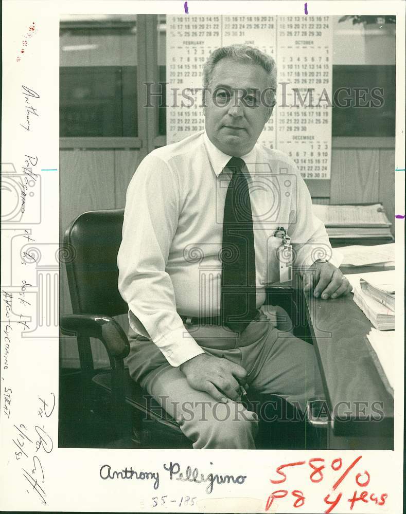 1983 Press Photo Anthony Pellegrino at his desk at Avco-Lycoming, Stratford- Historic Images