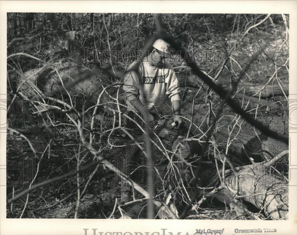 1992 Press Photo Greenwich Academy employee Chris Hughes cuts up a downed tree- Historic Images