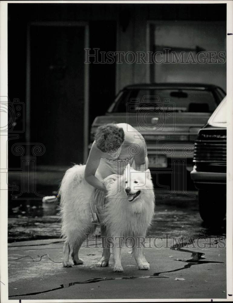 Press Photo Barbara Goulemas dries off her dog Sammy near Bruce Park, Greenwich- Historic Images