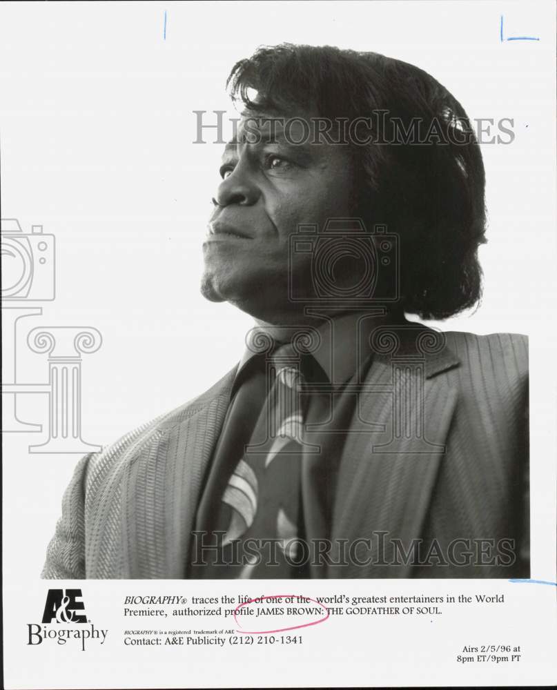 1996 Press Photo Music industry superstar James Brown featured in &quot;Biography&quot;- Historic Images