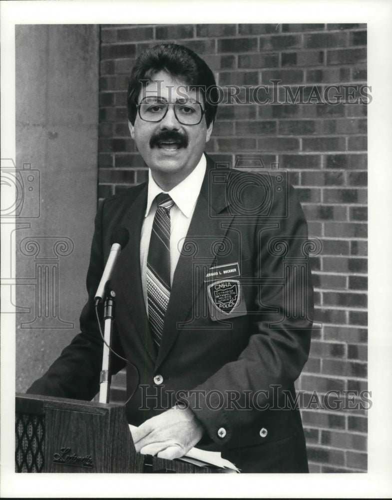 1984 Press Photo CMHA Policeman Bernard Buchner Gives Speech With Moustache- Historic Images