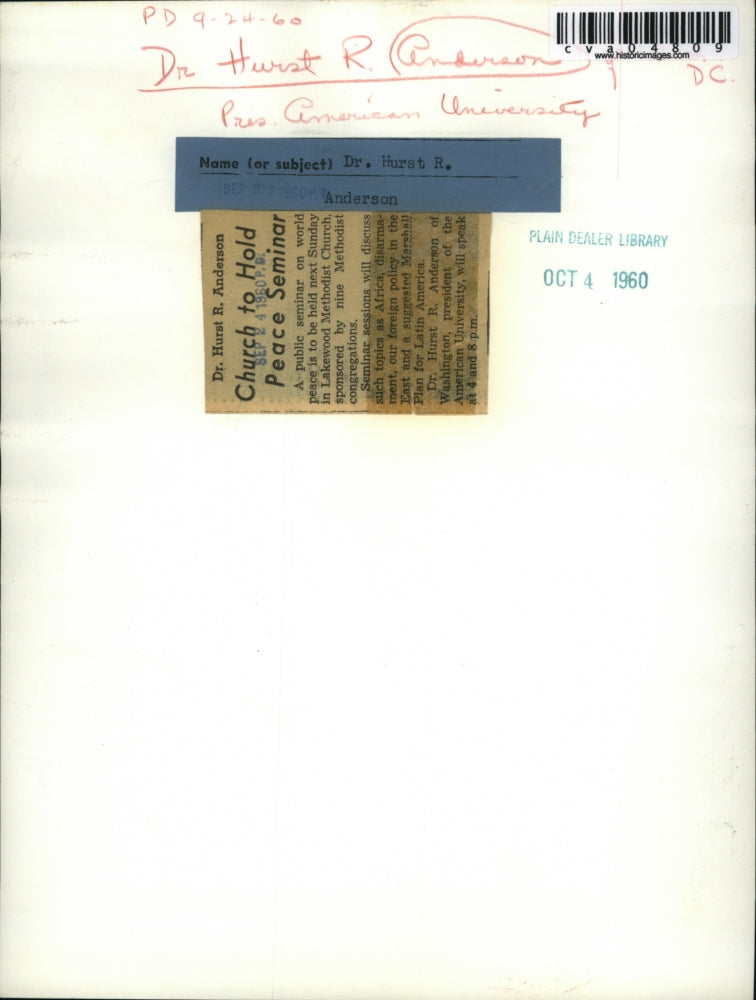 1960 Press Photo Dr. Hurst R. Anderson Pres. American University