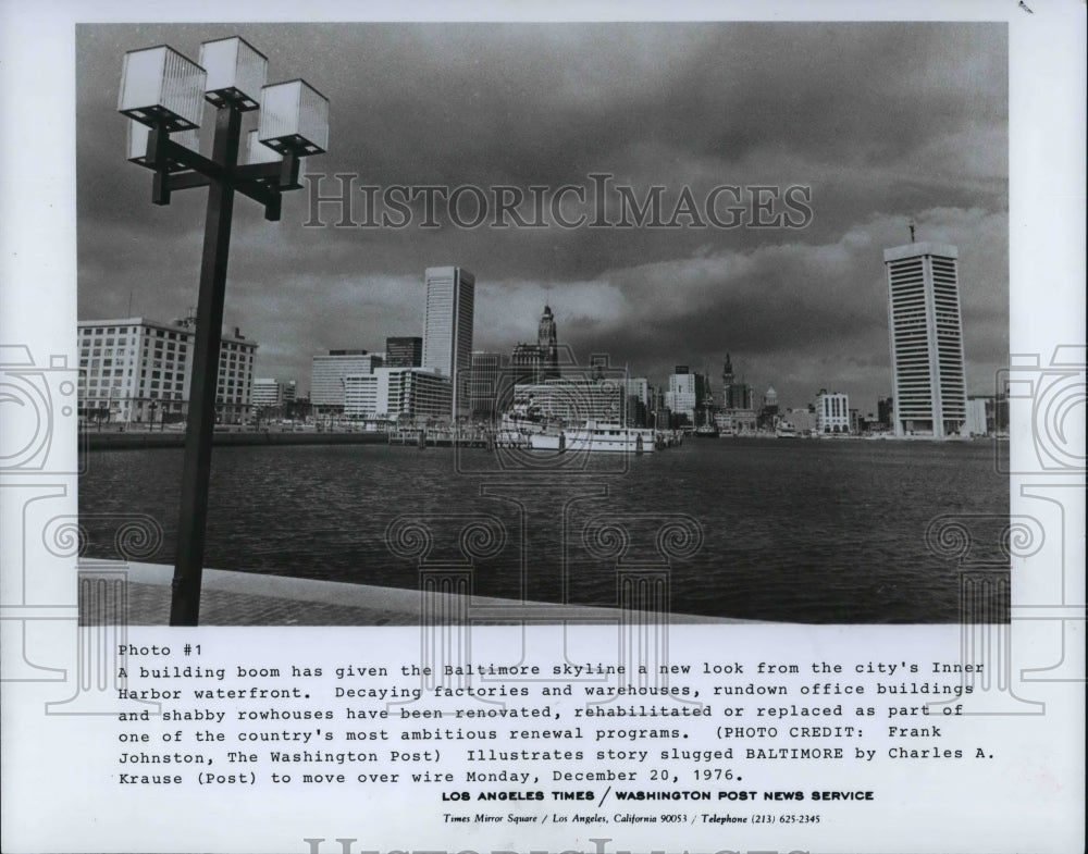 1976 Press Photo Inner Harbor Skyline Baltimore, Maryland - Historic Images