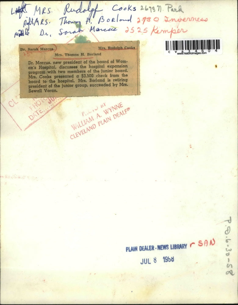 1958 Press Photo Dr. Sarah Marcus & others discuss Woman's Hospital expansion