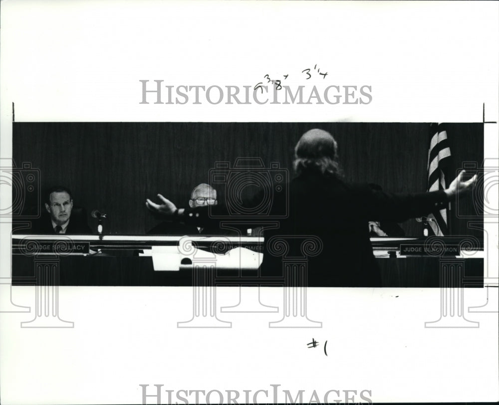 1991 Press Photo Judge Leo Spellacy, Francis Sweeney, Patricia Blackmon, Stanley- Historic Images