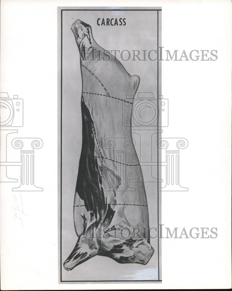 1971 Press Photo Picture of a Beef Carcass Display