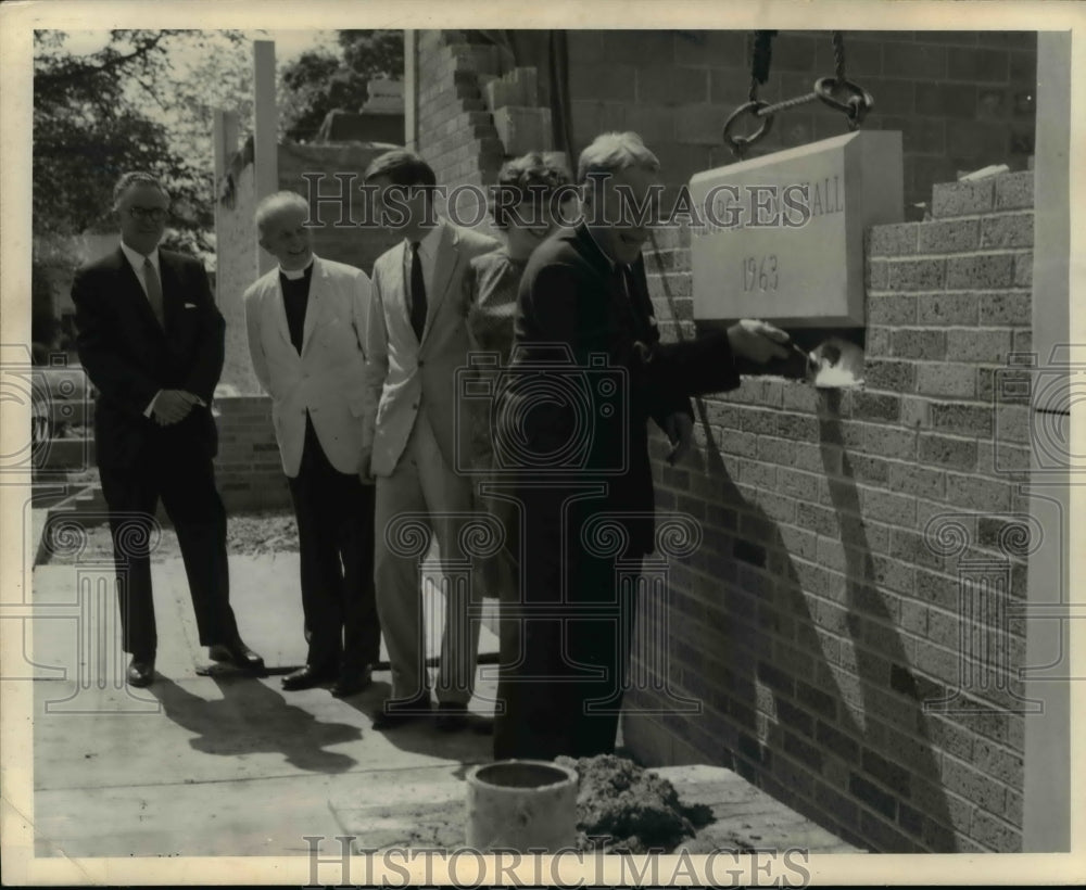 1963 Press Photo George Gund, board chairman lays the cornerstone for Kenyon Col- Historic Images