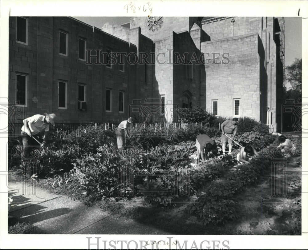 1991 Press Photo Rev Gilbert Helwig &amp; Parishioners tend the garden - Historic Images