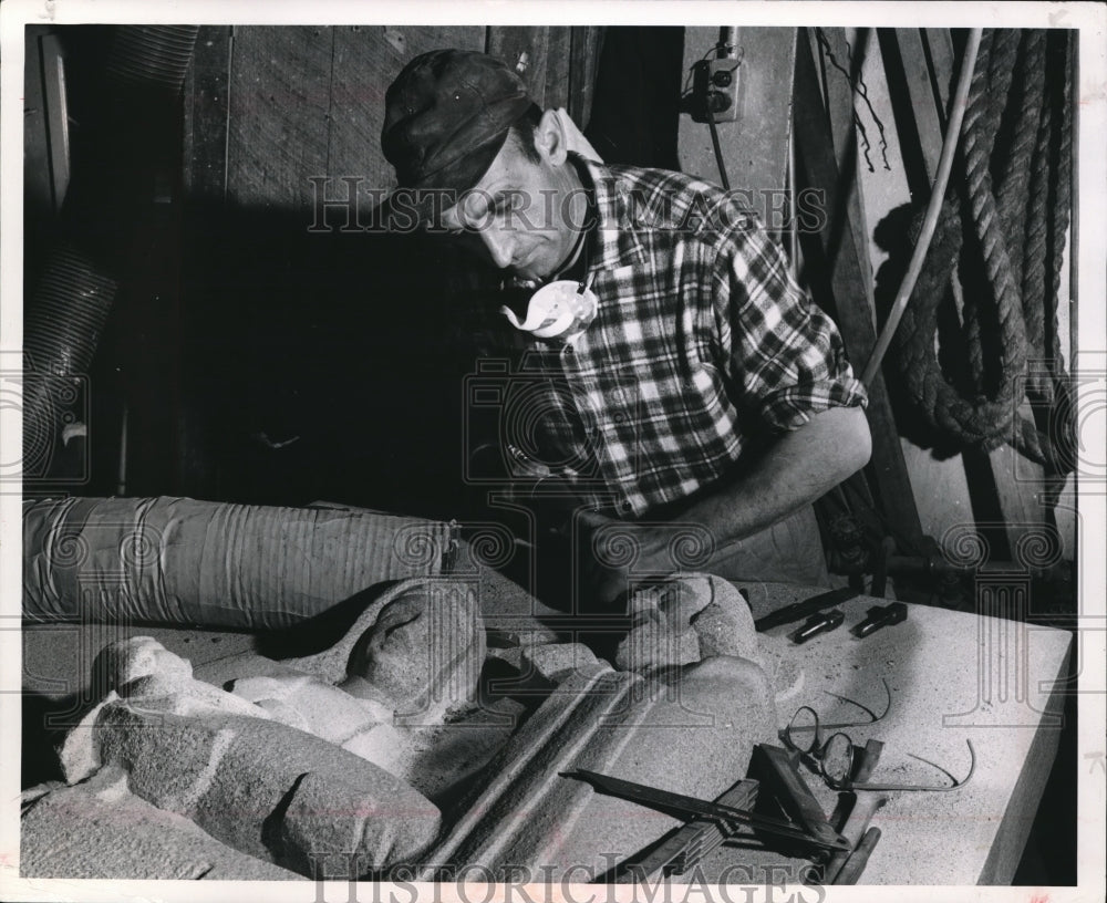 1966 Press Photo Burno Borgioli carves a Statue to a clay model.- Historic Images