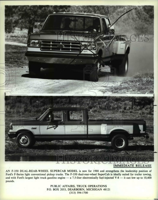 1987 Press Photo Ford 350 Dual Rear Wheel Supercab Model & conventional truck- Historic Images