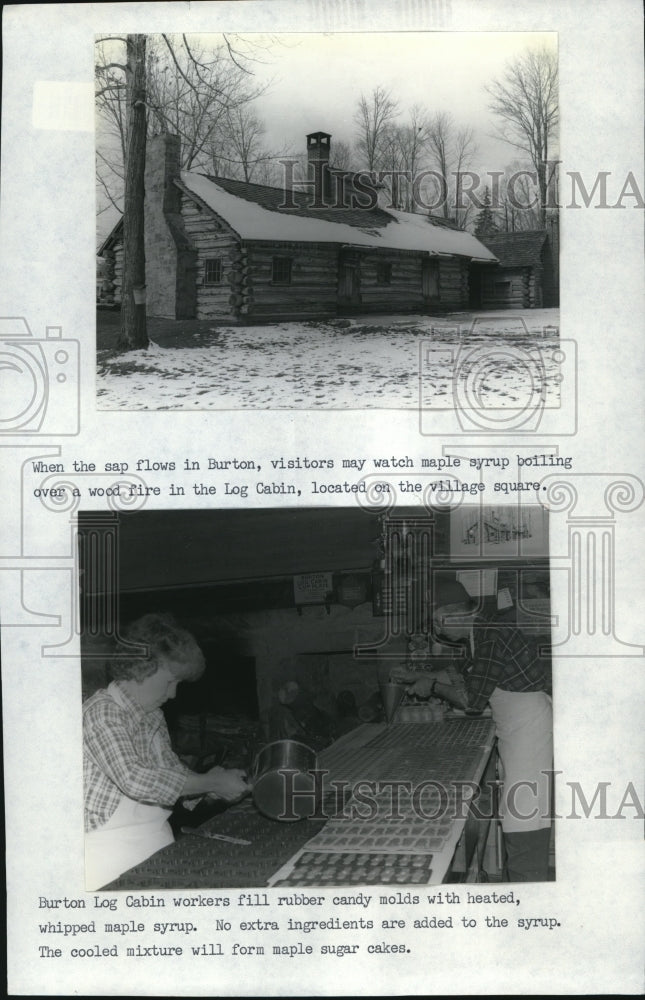 1990 Press Photo Burton Log Cabin making maple sugar cakes- Historic Images