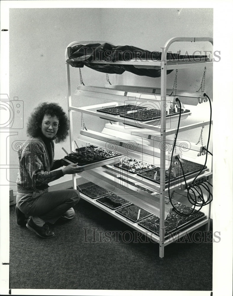 1990 Press Photo Sally Hosken checking the lettuce in her Light Garden- Historic Images