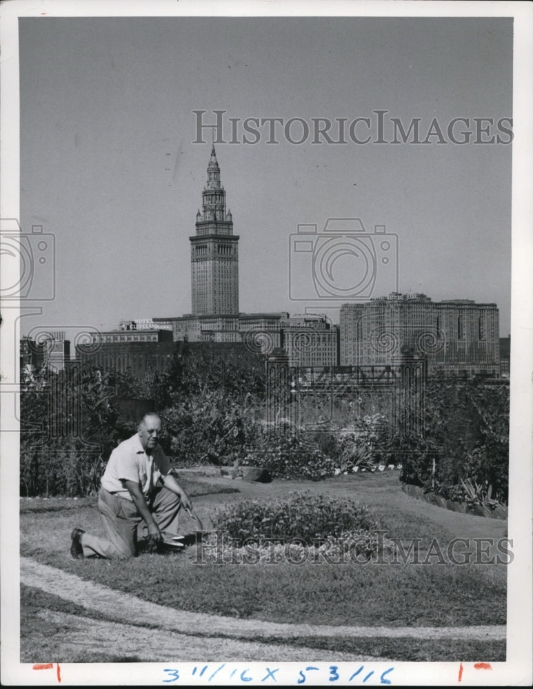 1955 Press Photo View show Cleveland Skyline form the Garden of E. &quot;Ted&quot; - Historic Images