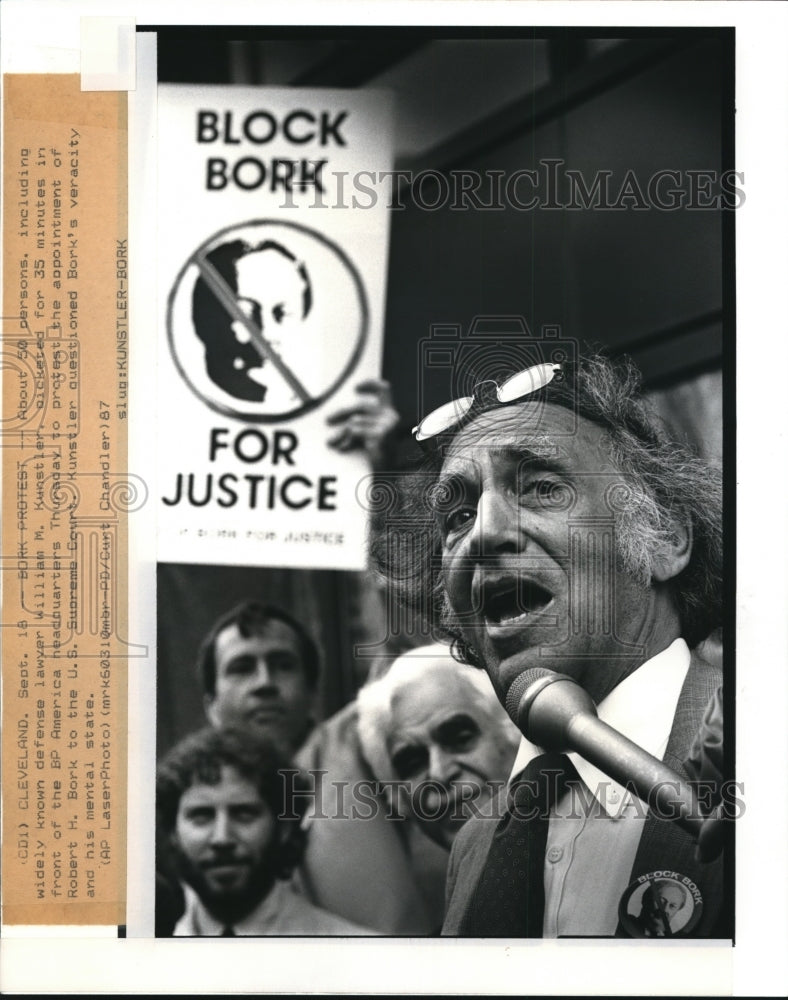 1987 Press Photo Atty William Kunstler protest nomination of Robert Bork to SC- Historic Images