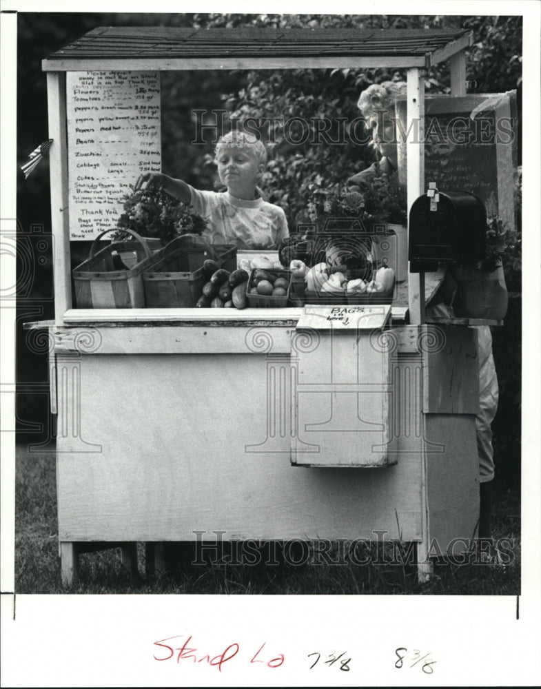 1991 Press Photo Courtney &amp; Nancy Miller arrange flowers &amp; vegetables- Historic Images