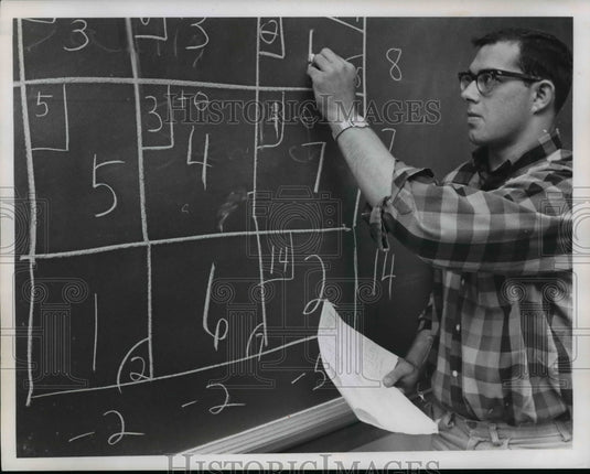 1965 Press Photo Jein Greenfield & Math Problem at Case Tech - cvb42394- Historic Images