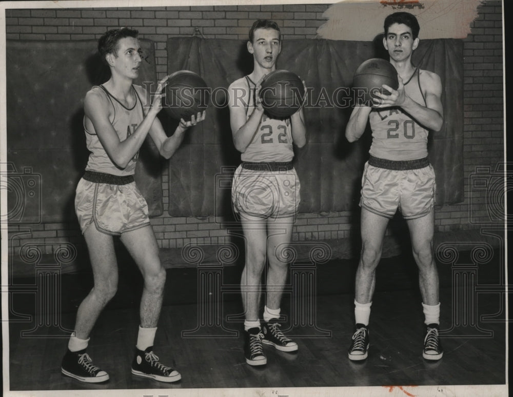 1956 Press Photo Cathedral Latin Basketball players-Drobnik, Baracz and Trunk- Historic Images