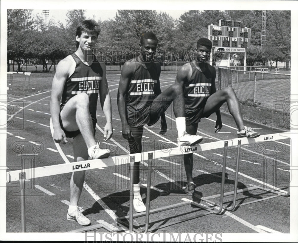 1987 Press Photo Chad Ramlow, Donald Craig, Travis OHannon Euclid High Track- Historic Images