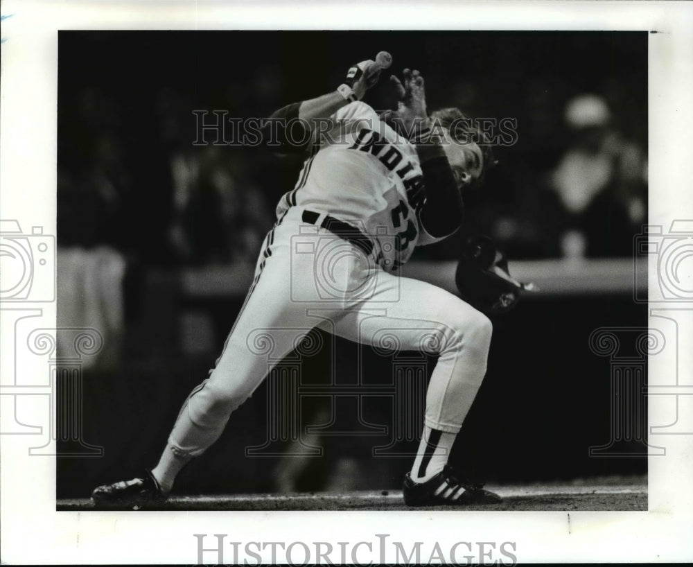 1989 Press Photo Jacoby brushed back by pitch at Indians vs. Tigers game- Historic Images